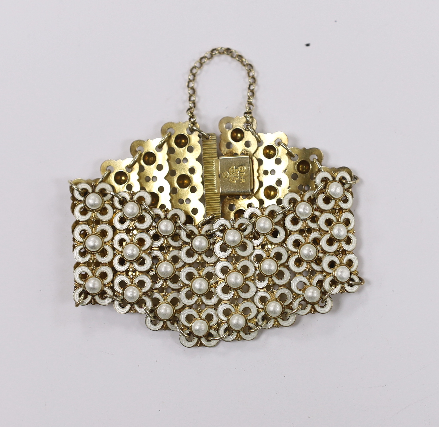 A mid 20th century Norwegian gilt sterling and enamel triple row bracelet, by David Andersen, 17cm.